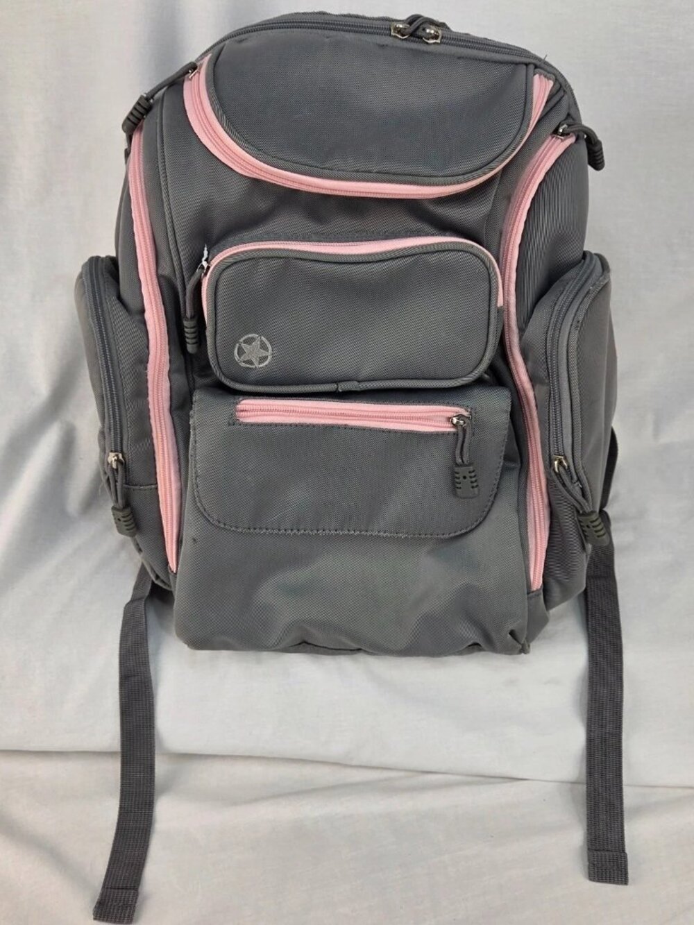Diaper Bag Backpack J is for Jeep Grey and Pink 6.5 X 14 X 15 Inches